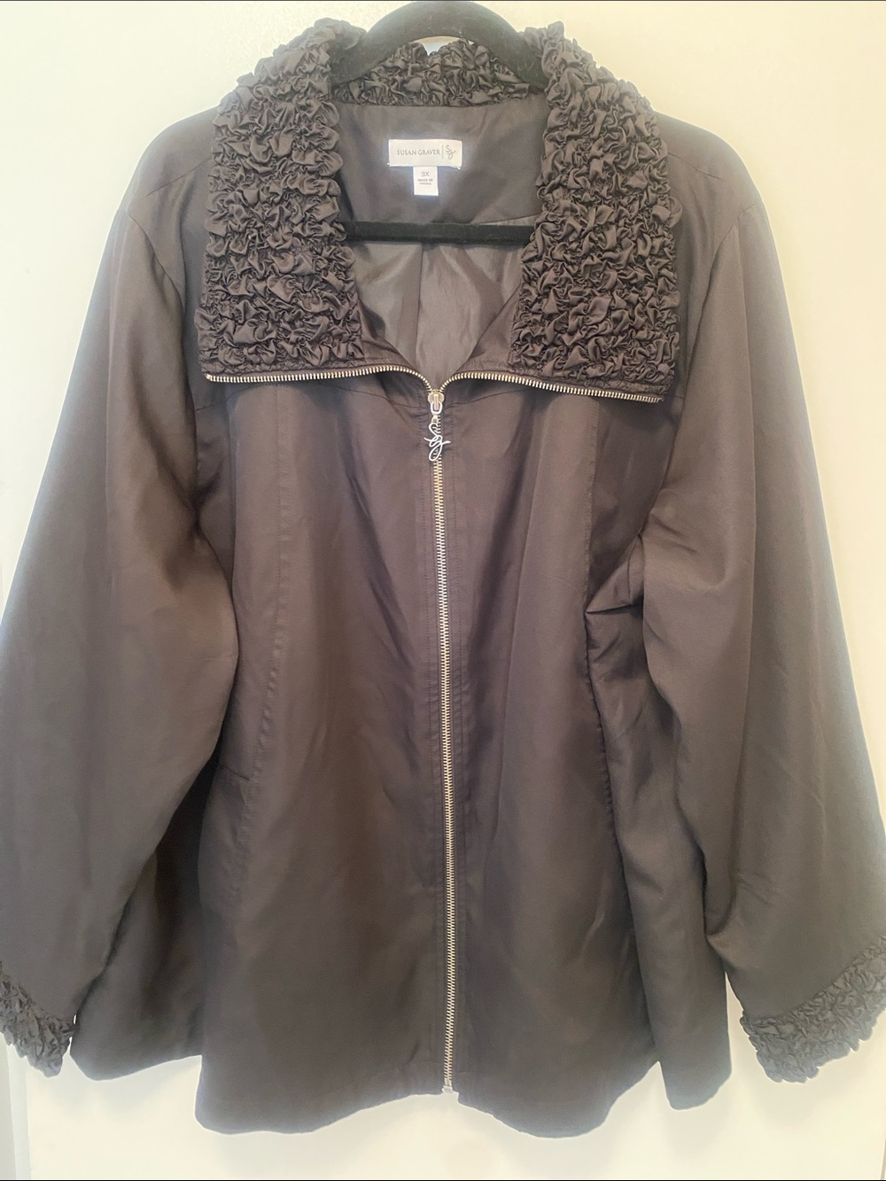 Susan Graver Black Ruffled-Collar Zip Front Jacket 3X